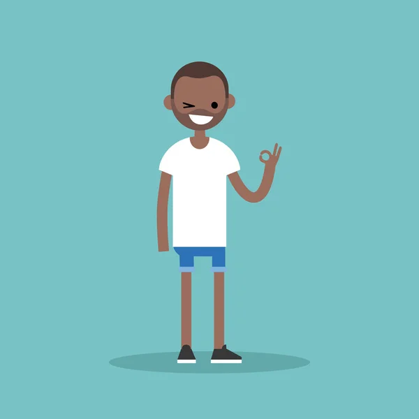 Sorrindo piscando homem negro diz "ok" / ilustração vetorial plana —  Vetores de Stock