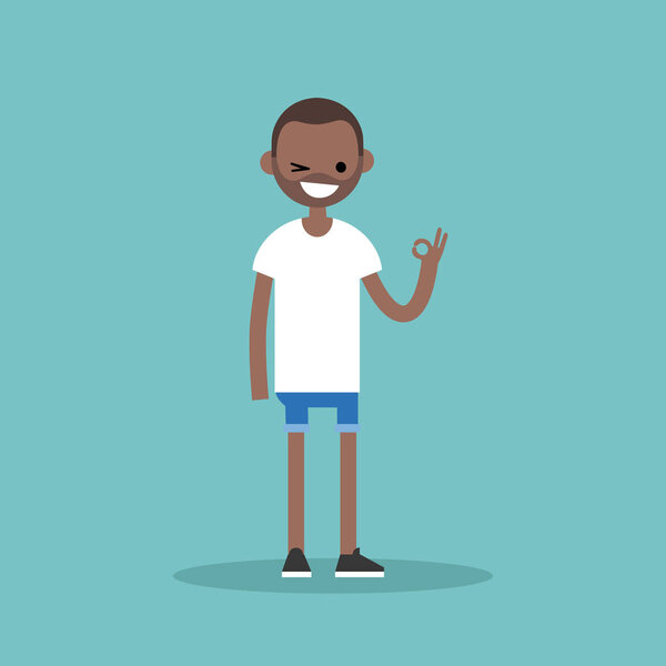 Smiling winking black man says "ok" / Flat vector illustration