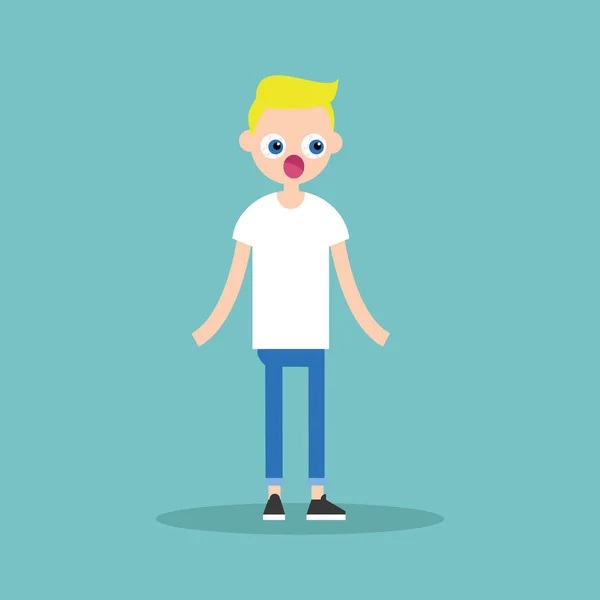 Förvånad blond pojke stående med utskjutande ögon och öppen mun — Stock vektor
