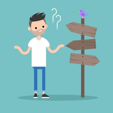 Young concerned bearded man trying to find the right direction /