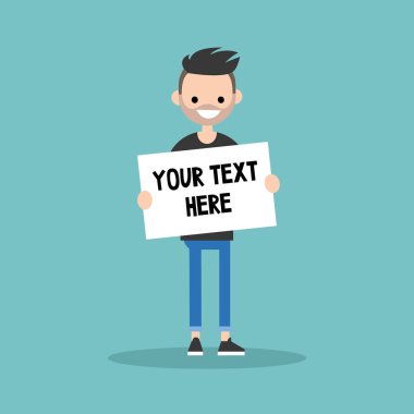 Metninizi buraya. Genç sakallı bir parça kağıt tutan adam / EDI