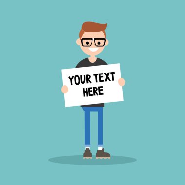 Metninizi buraya. Kâğıt / düzenlenebilir f bir sayfa tutan genç nerd