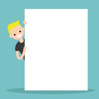 Sarışın çocuk bir Pano arkasından gözetleme kadar alay / uzay kopya