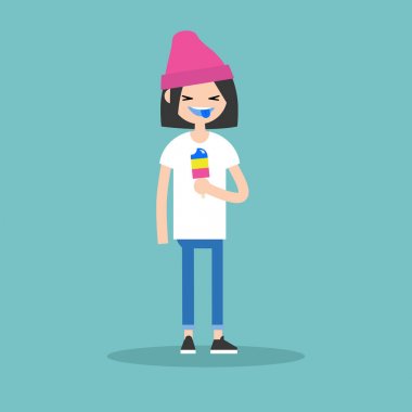 Esmer kız renkli mavi dilini gösterilen gülüyor / ed düz