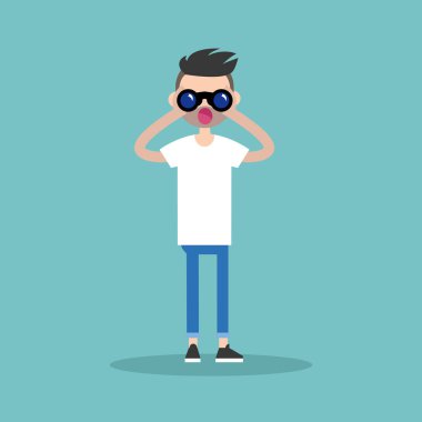 Genç adam ile dürbün / düzenlenebilir düz ve bakan sakallı