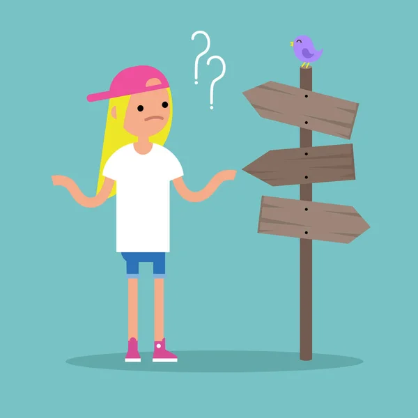 Young concerned blond girl trying to find the right direction / — Stockvector