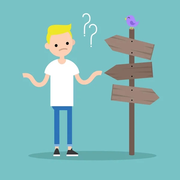 Young concerned blonde boy trying to find the right direction / — Stockvector