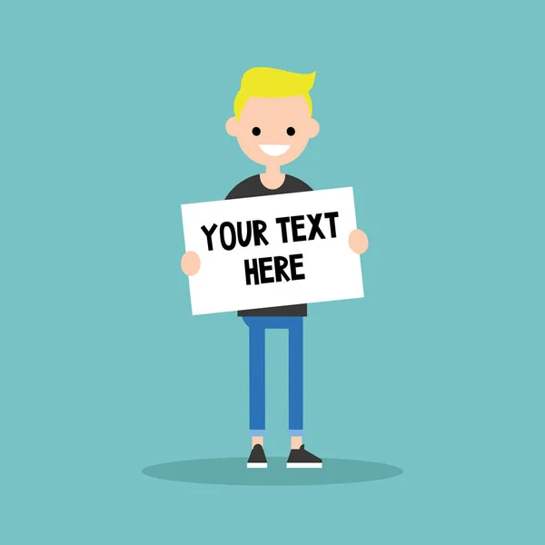 Din text här. Ung blond pojke håller ett pappersark / edita — Stock vektor