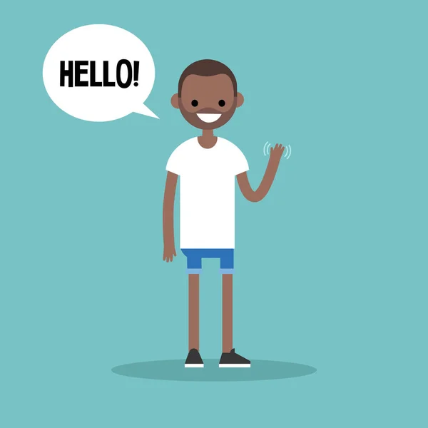 Amical homme noir disant "Bonjour" et agitant la main / vec modifiable — Image vectorielle
