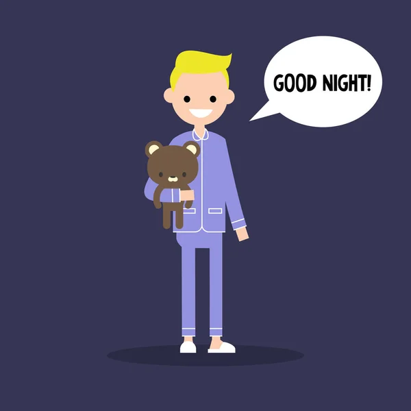 Lindo chico rubio en pijama diciendo "¡Buenas noches!" / plano editable v — Vector de stock