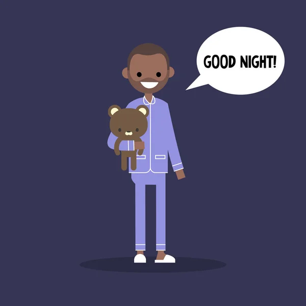 Lindo hombre negro en pijama diciendo "¡Buenas noches!" / plano editable v — Vector de stock