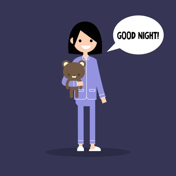 Χαριτωμένο μελαχρινή κορίτσι με τις πυτζάμες λέγοντας «Καλή νύχτα!» / επίπεδη editab — Διανυσματικό Αρχείο