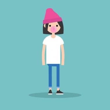 Genç esmer kız Ciklet Şişirme / düzenlenebilir düz vektör Il