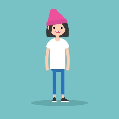 Genç komik dişsiz esmer kız ayakta ve gülümseyen / daire 