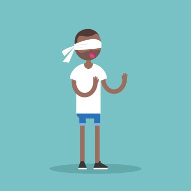 Young blindfolded black man trying to find the right direction / clipart