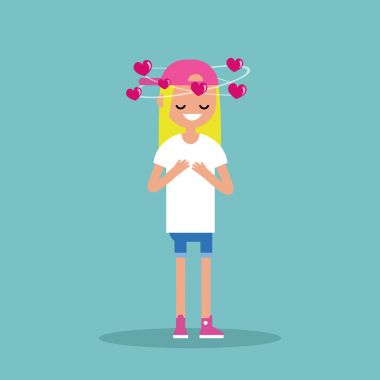 Aşk kavramsal çizimde düşüyor. Genç sarışın kız h