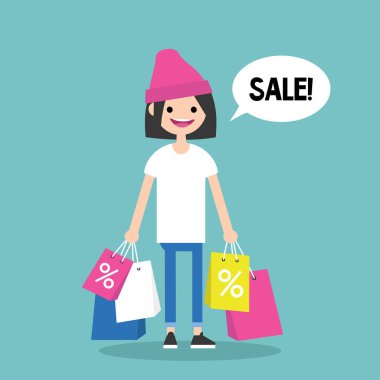Satılık kavramsal çizimi. Alışveriş tutan genç trendy kız