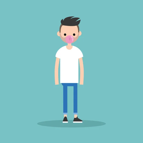 Young bebaarde man waait kauwgom / bewerkbare flat vector illu — Stockvector