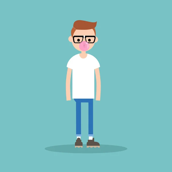 Joven nerd soplando goma de mascar / editable ilustración vector plano — Archivo Imágenes Vectoriales