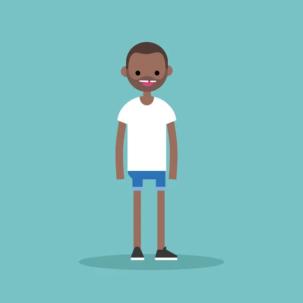 Joven divertido hombre negro sin dientes de pie y sonriente / plana editar — Vector de stock