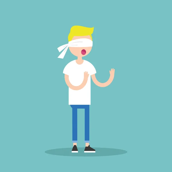 Young blindfolded blond boy trying to find the right direction / — Stockvector