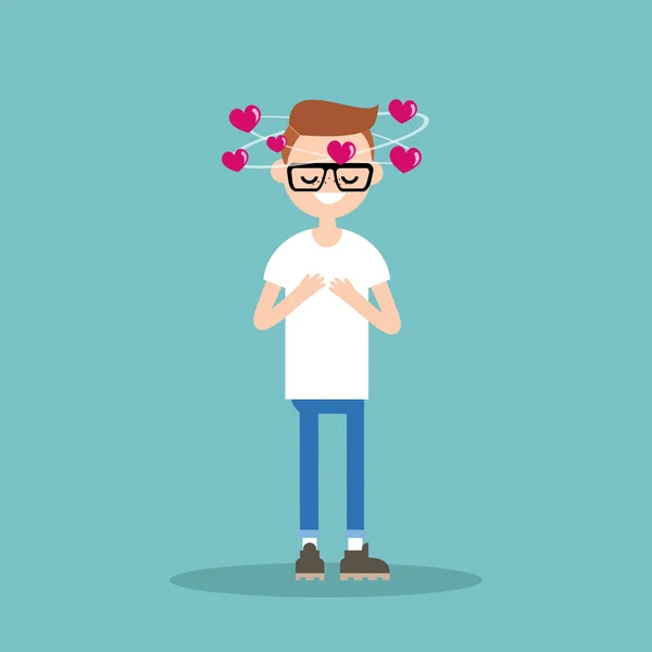 Illustration conceptuelle Tombant amoureux. Jeune nerd avec des coeurs — Image vectorielle