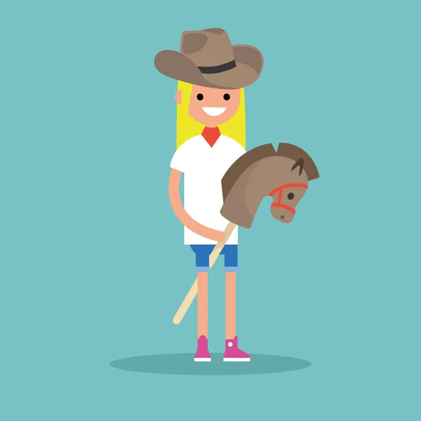 Young blond girl wearing cowboy hat and riding hobbyhorse / flat — Stock Vector