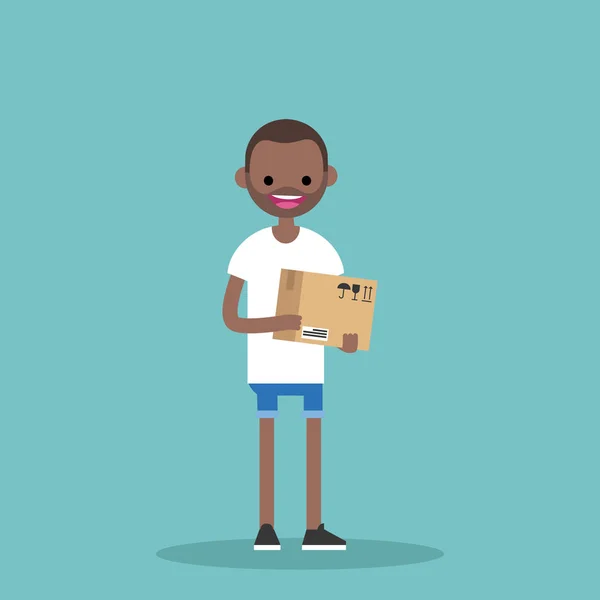 Jovem preto homem segurando um pacote / editável vetor cartoon clip — Vetor de Stock