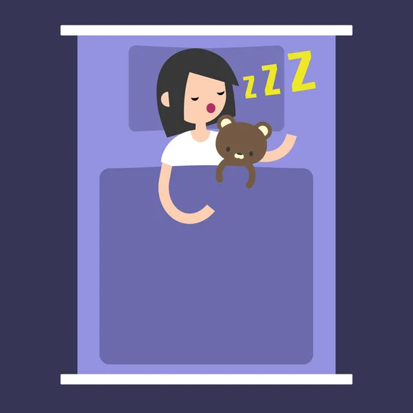 顶部视图: 女孩睡觉与她的泰迪熊在床上/edita — 图库矢量图片