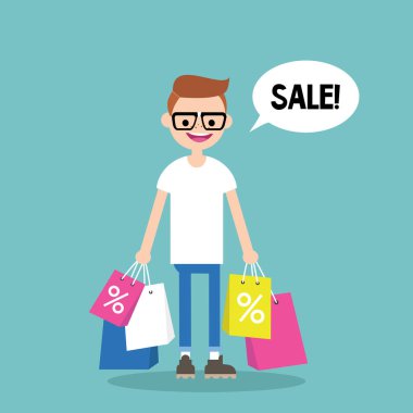 Sale conceptual illustration. Young nerd holding shopping bags /