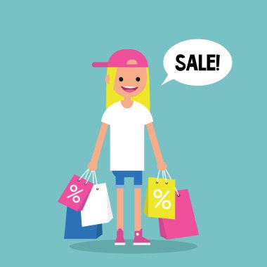 Satılık kavramsal çizimi. Alışveriş tutan genç trendy kız