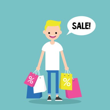 Sale conceptual illustration. Young trendy blond boy holding sho clipart
