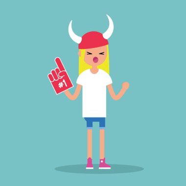 Boynuzlu şapka ve köpük parmak giyen genç sarışın kız / düz edita