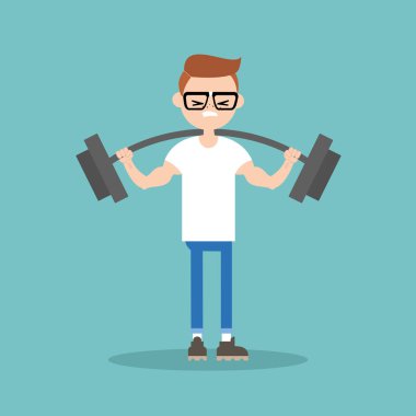 Genç nerd bir ağır siklet halter kaldırma. Halterci holding 