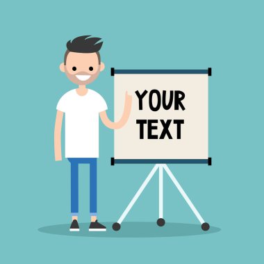 Genç adam flip grafikte işaret sakallı. Metninizi buraya / f