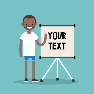 Flip grafikte işaret eden genç siyah adam. Metninizi buraya / fla