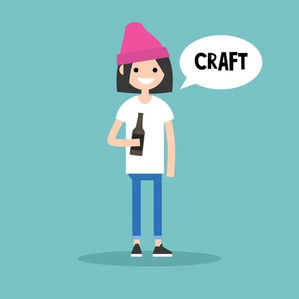 Chica joven sosteniendo una botella de cerveza artesanal / editable plana illust — Vector de stock