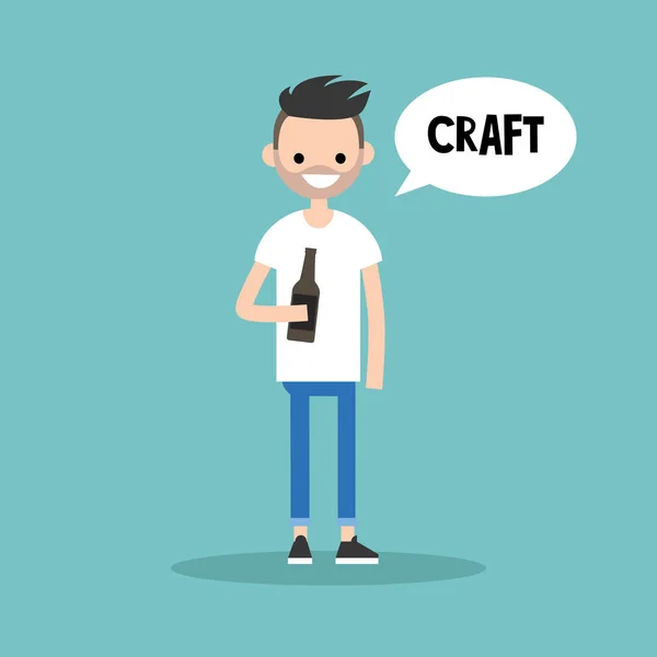 Jeune homme barbu tenant une bouteille de bière artisanale / plat modifiable — Image vectorielle
