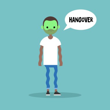 Hangover. Sick shivering black man with green face / flat vector clipart