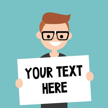 Metninizi buraya. Kâğıt / düzenlenebilir f bir sayfa tutan genç nerd