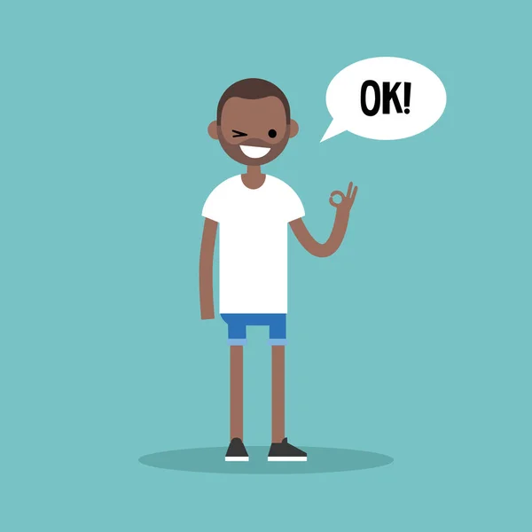 Sorrindo piscando homem negro diz "ok" / ilustração vetorial plana , — Vetor de Stock