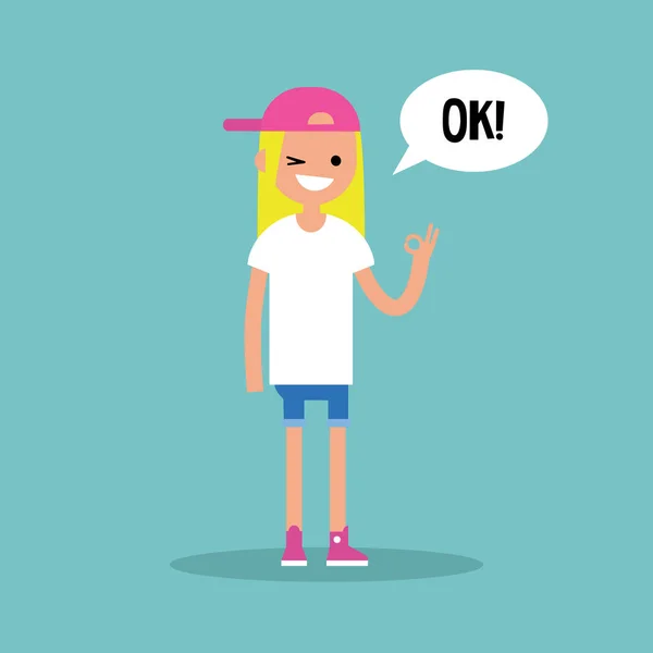 Smiling winking blond girl says "ok" / Flat vector illustration, — Stock Vector
