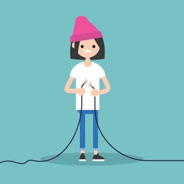 Genç esmer kız yırtık tel düzeltmek için çalışıyorum / düzenlenebilir düz 