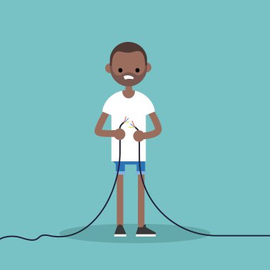 Genç siyah adam yırtık tel düzeltmek için çalışıyorum / düzenlenebilir düz Hüseyin