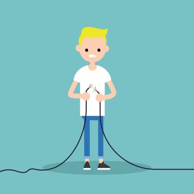 Genç sarışın çocuk yırtık tel düzeltmek için çalışıyorum / düzenlenebilir düz Hüseyin