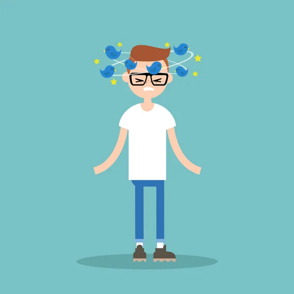 Dizziness conceptual illustration. Young nerd with birds spinnin — Stock Vector
