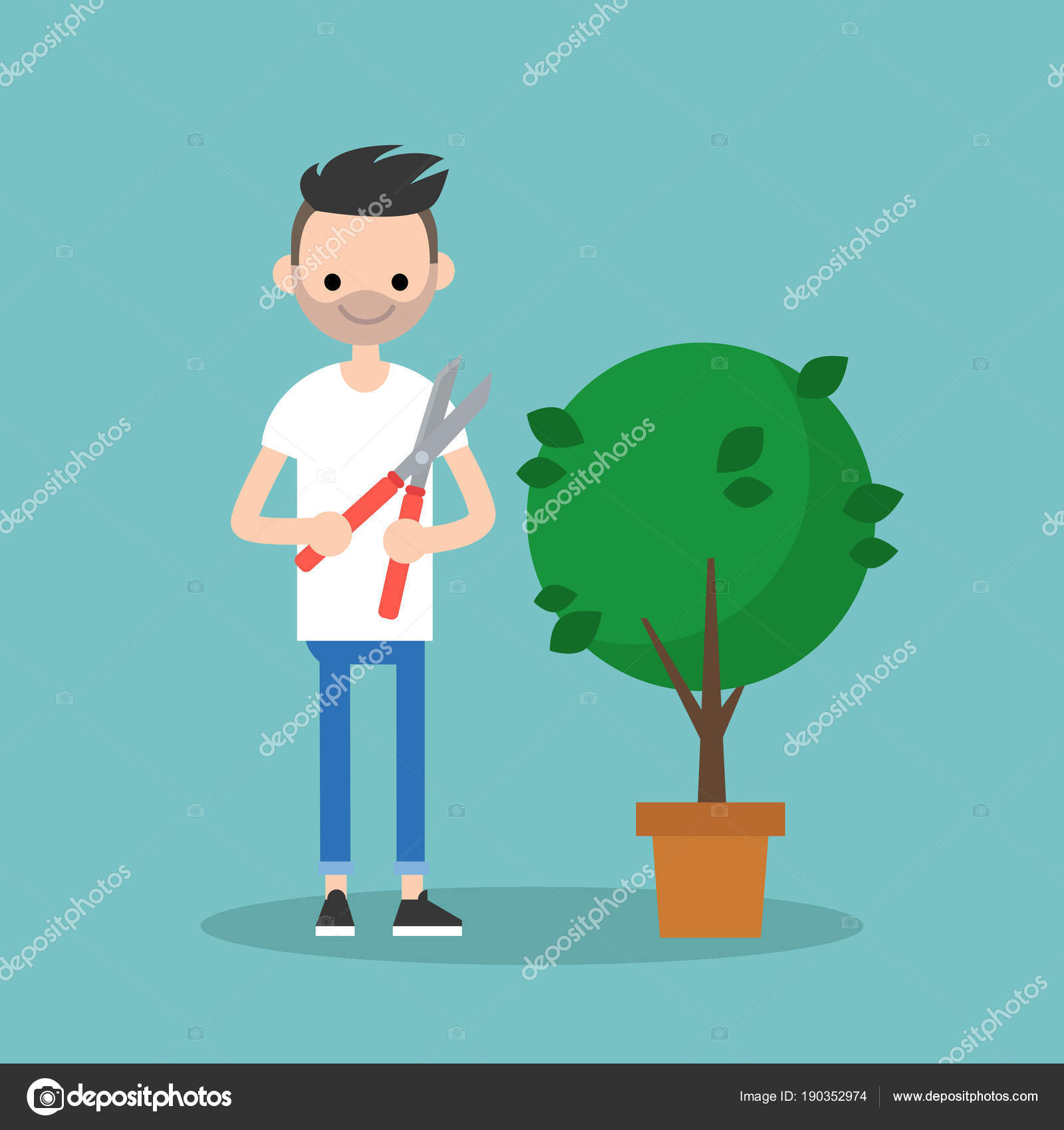 young bearded man cutting the bush with a pruner flat editable stock vector c nadiabormotova 190352974 depositphotos