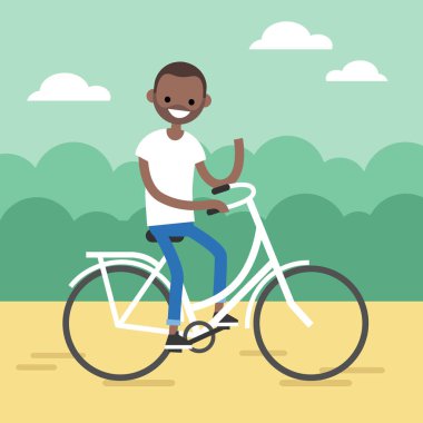 Genç siyah adam Bisiklete binmek ve elini sallayarak / düzenlenebilir fla