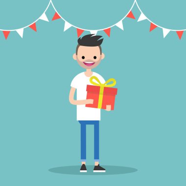 Mutlu genç sakallı bir parlak hediye kutusu tutan adam / düzenlenebilir vec