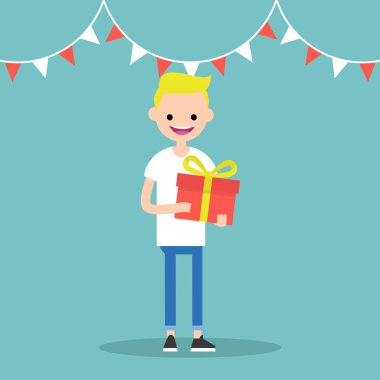 Genç mutlu sarışın çocuk bir parlak hediye kutusu holding / düzenlenebilir vecto